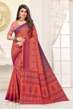 Admyrin Red Cotton Printed Saree with Blouse Piece