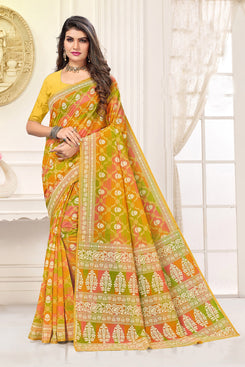 Admyrin Yellow & Orange Cotton Printed Saree with Blouse Piece