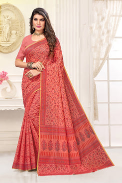 Admyrin Red Cotton Printed Saree with Blouse Piece