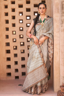 Admyrin Brown Mercerised Kora Silk Woven Saree with Blouse Piece