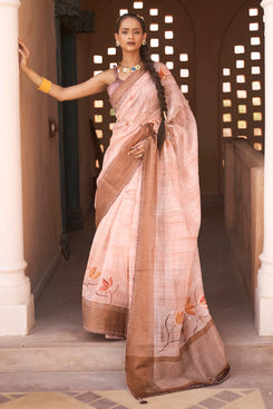 Admyrin Brown Mercerised Kora Silk Woven Saree with Blouse Piece