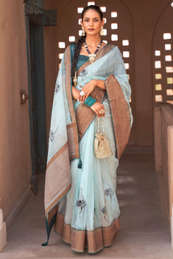 Admyrin Blue & Brown Mercerised Kora Silk Woven Saree with Blouse Piece
