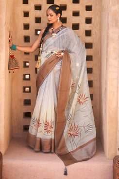 Admyrin Brown Mercerised Kora Silk Woven Saree with Blouse Piece