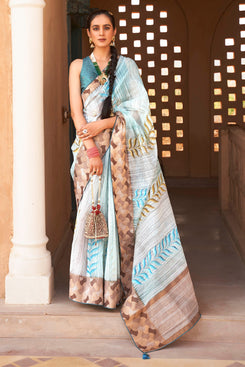 Admyrin Blue & Brown Mercerised Kora Silk Woven Saree with Blouse Piece