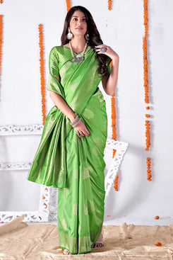 Admyrin Parrot Green Banarasi Silk Jacquard Designer Party Wear Saree with Blouse Piece