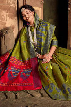 Bhelpuri Green & Red Silk Woven Traditional Saree with Blouse Piece