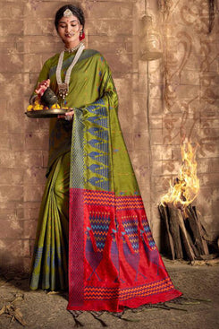 Bhelpuri Green & Red Silk Woven Traditional Saree with Blouse Piece