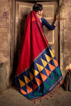 Bhelpuri Red & Blue Silk Woven Traditional Saree with Blouse Piece