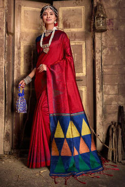Bhelpuri Red & Blue Silk Woven Traditional Saree with Blouse Piece