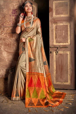 Bhelpuri Beige & Yellow Silk Woven Traditional Saree with Blouse Piece