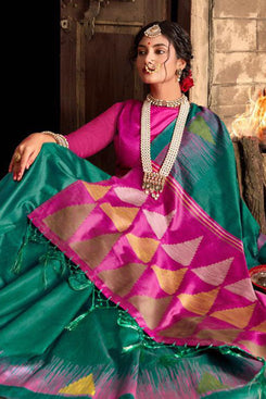 Bhelpuri Green & Rani Pink Silk Woven Traditional Saree with Blouse Piece