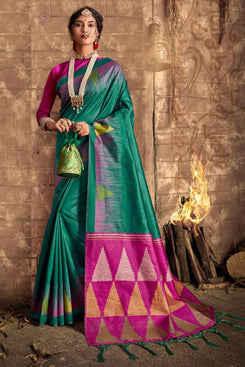 Bhelpuri Green & Rani Pink Silk Woven Traditional Saree with Blouse Piece