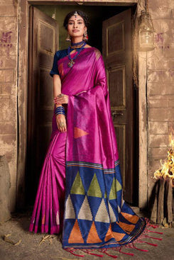 Bhelpuri Rani Pink & Navy Blue Silk Woven Traditional Saree with Blouse Piece
