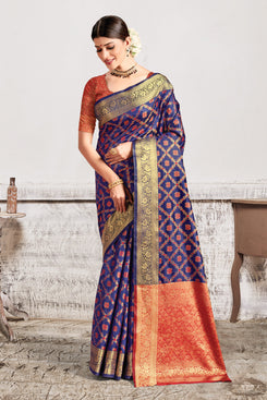 Admyrin Blue Patola Silk Jacquard Designer Party Wear Saree with Blouse Piece