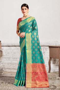 Admyrin Green Patola Silk Jacquard Designer Party Wear Saree with Blouse Piece
