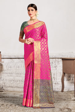 Admyrin Pink Patola Silk Jacquard Designer Party Wear Saree with Blouse Piece