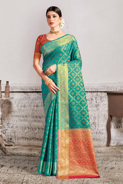Admyrin Green Patola Silk Jacquard Designer Party Wear Saree with Blouse Piece