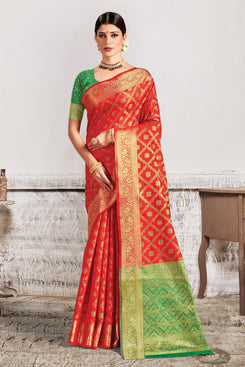 Admyrin Red Patola Silk Jacquard Designer Party Wear Saree with Blouse Piece