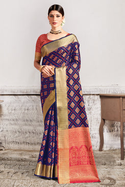 Admyrin Purple Patola Silk Jacquard Designer Party Wear Saree with Blouse Piece