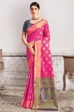 Admyrin Pink Patola Silk Jacquard Designer Party Wear Saree with Blouse Piece