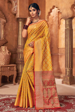 Admyrin Mustard Patola Silk Jacquard Work Saree with Blouse Piece