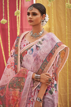 Admyrin Pink Linen Digital Printed & Sequins Woven Saree with Blouse Piece