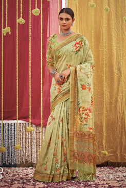 Admyrin Green Linen Digital Printed & Sequins Woven Saree with Blouse Piece