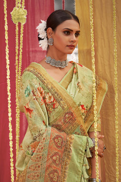 Admyrin Green Linen Digital Printed & Sequins Woven Saree with Blouse Piece