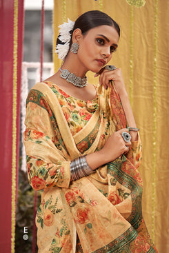 Admyrin Yellow Linen Digital Printed & Sequins Woven Saree with Blouse Piece