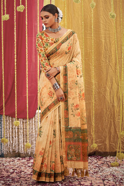 Admyrin Yellow Linen Digital Printed & Sequins Woven Saree with Blouse Piece