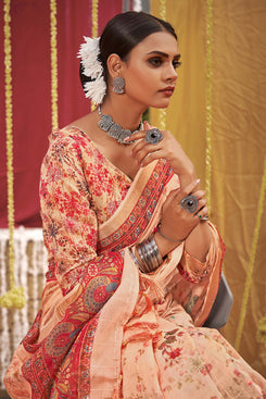 Admyrin Peach Linen Digital Printed & Sequins Woven Saree with Blouse Piece