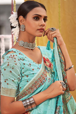 Admyrin Aqua Linen Digital Printed & Sequins Woven Saree with Blouse Piece