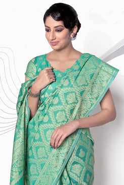 Admyrin Green Lucknowi Cotton Jacquard Work Designer Party Wear Saree with Blouse Piece