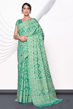 Admyrin Green Lucknowi Cotton Jacquard Work Designer Party Wear Saree with Blouse Piece
