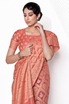 Admyrin Peach Lucknowi Cotton Jacquard Work Designer Party Wear Saree with Blouse Piece