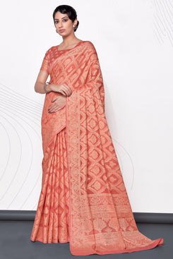 Admyrin Peach Lucknowi Cotton Jacquard Work Designer Party Wear Saree with Blouse Piece