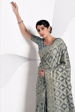 Admyrin Grey Lucknowi Cotton Jacquard Work Designer Party Wear Saree with Blouse Piece