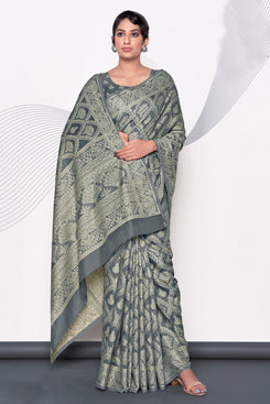 Admyrin Grey Lucknowi Cotton Jacquard Work Designer Party Wear Saree with Blouse Piece