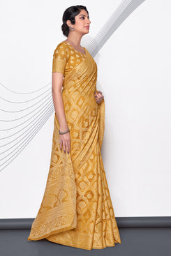 Admyrin Yellow Lucknowi Cotton Jacquard Work Designer Party Wear Saree with Blouse Piece
