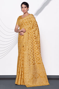 Admyrin Yellow Lucknowi Cotton Jacquard Work Designer Party Wear Saree with Blouse Piece