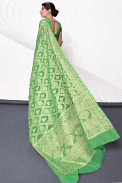 Admyrin Green Lucknowi Cotton Jacquard Work Designer Party Wear Saree with Blouse Piece