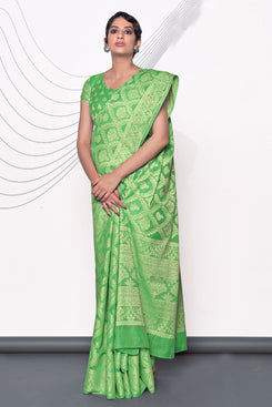 Admyrin Green Lucknowi Cotton Jacquard Work Designer Party Wear Saree with Blouse Piece