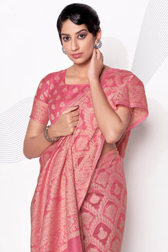 Admyrin Pink Lucknowi Cotton Jacquard Work Designer Party Wear Saree with Blouse Piece