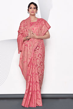 Admyrin Pink Lucknowi Cotton Jacquard Work Designer Party Wear Saree with Blouse Piece