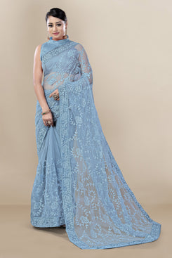 Admyrin Blue Super Net Embroidery Saree with Blouse Piece