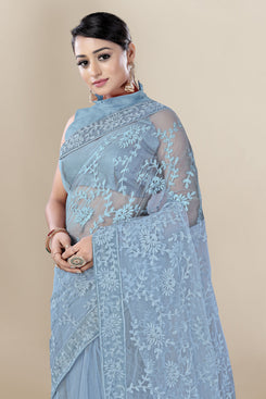 Admyrin Blue Super Net Embroidery Saree with Blouse Piece