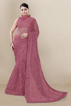 Admyrin Maroon Super Net Embroidery Saree with Blouse Piece