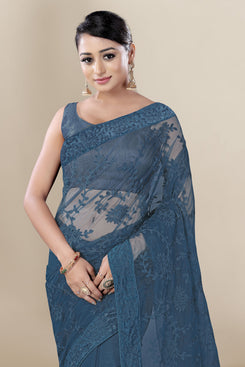 Admyrin Dark Blue Super Net Embroidery Saree with Blouse Piece
