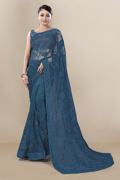 Admyrin Dark Blue Super Net Embroidery Saree with Blouse Piece