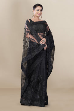 Admyrin Black Super Net Embroidery Saree with Blouse Piece